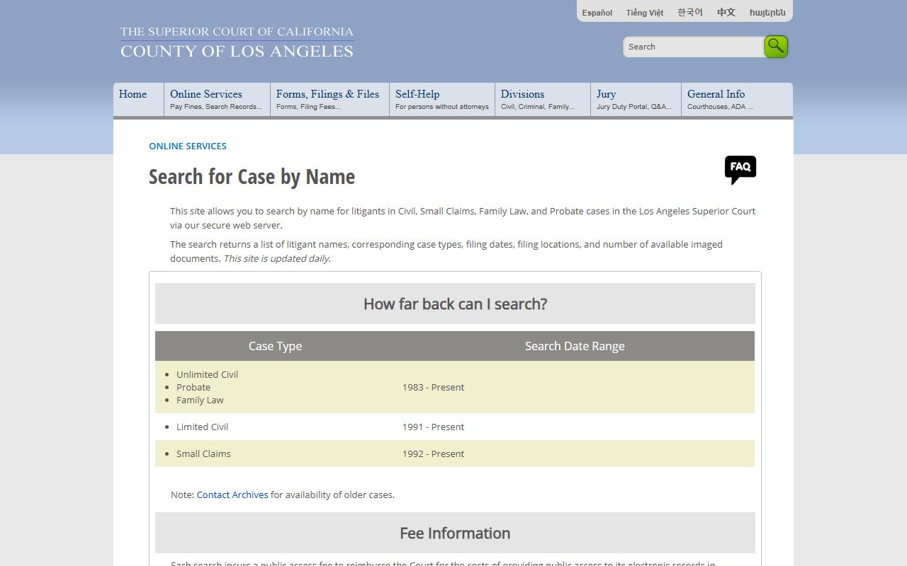 Los Angeles County civil court case people search portal
