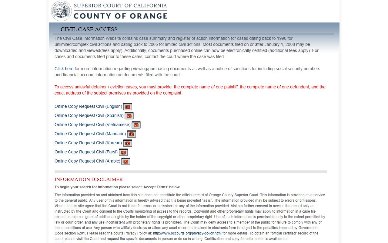 Orange County civil case people search portal