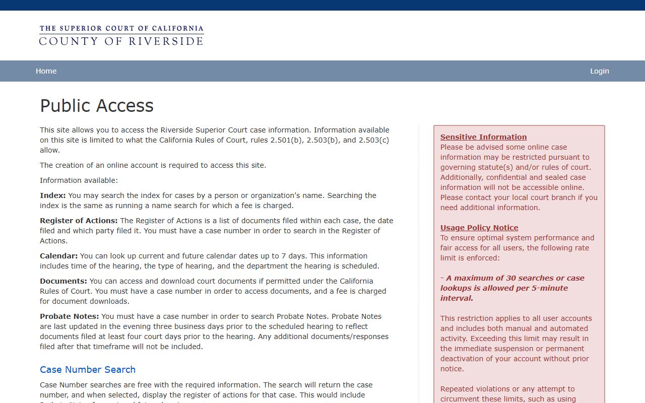 Riverside County court ePublic Access people search portal