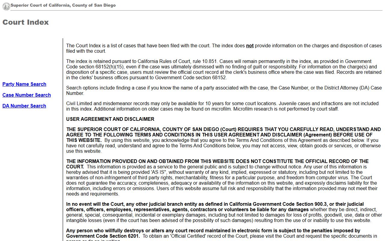 San Diego County court index people search portal