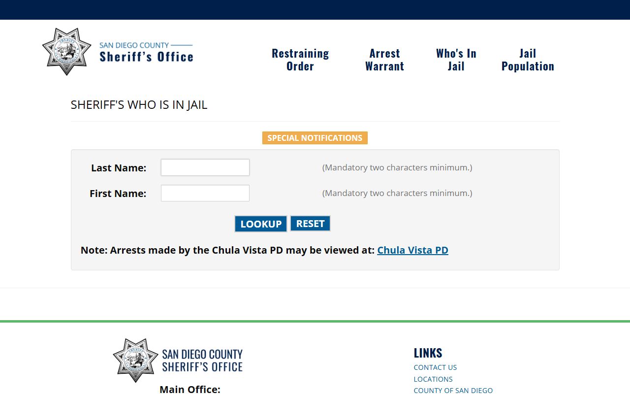 San Diego County Sheriff inmate people search tool