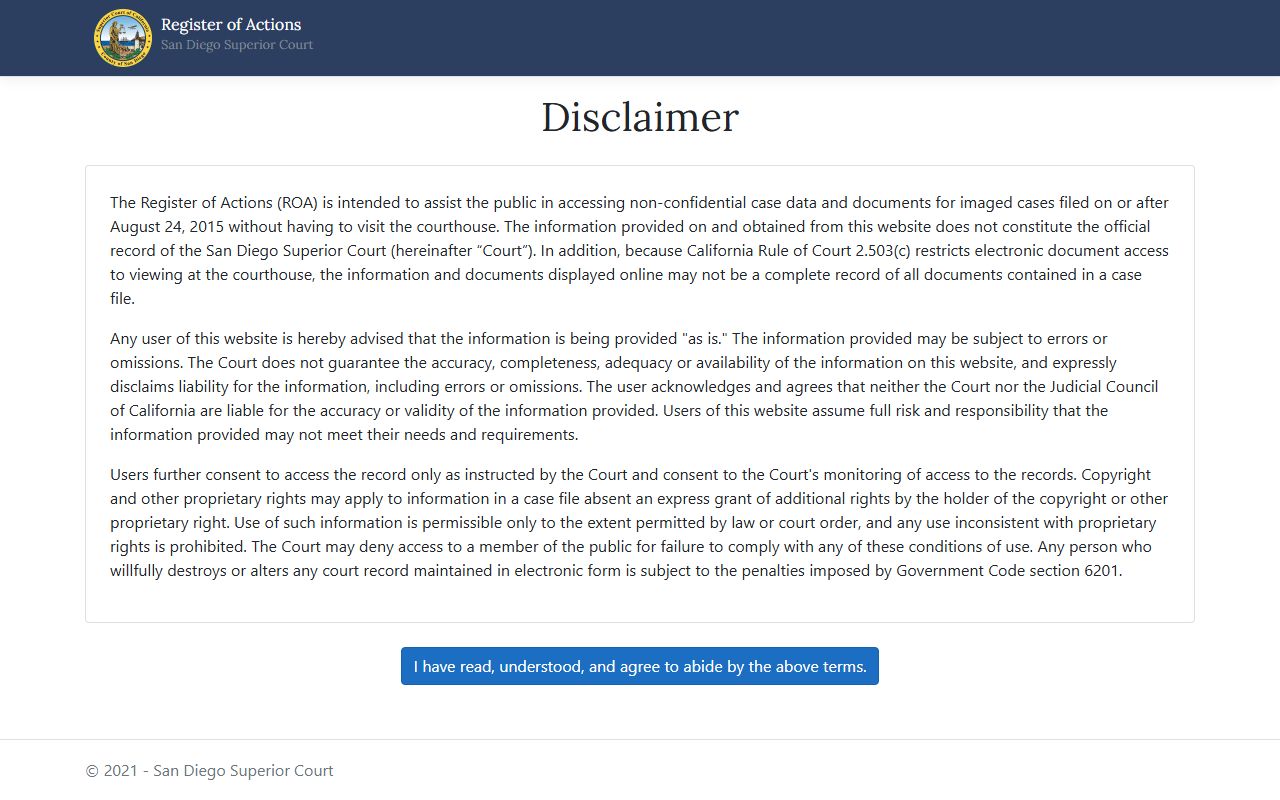 San Diego County register of actions people search