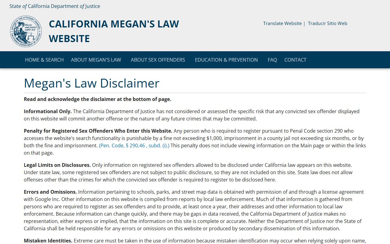 California Megan's Law sex offender people search registry